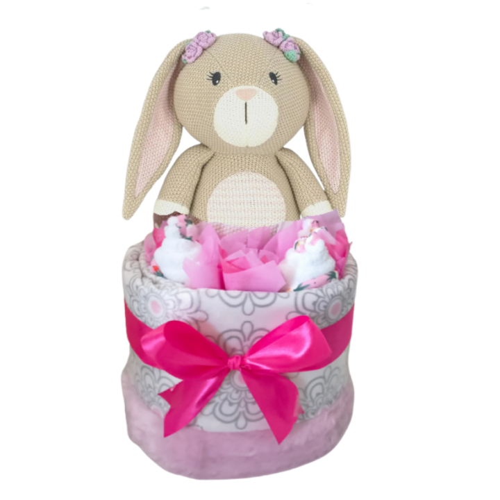 Knitted Bunny Baby Girl Large Nappy Cake
